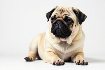 Fototapeta premium Wrinkled pug, side profile, paws tucked, white backdrop, animal, breed