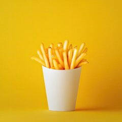 A paper container filled with golden-brown french fries against a bright yellow background.