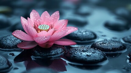 A pink water lily lotus flower is surrounded by stones in the water, set against a blurred bokeh background with copyspace, symbolizing a spa relax concept and Buddha's birthday