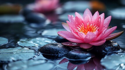 Pink water lily lotus flower and stones in water are positioned in front of a bokeh background with copyspace, embodying the concept of relaxation at a spa and celebrating Buddha's birthday