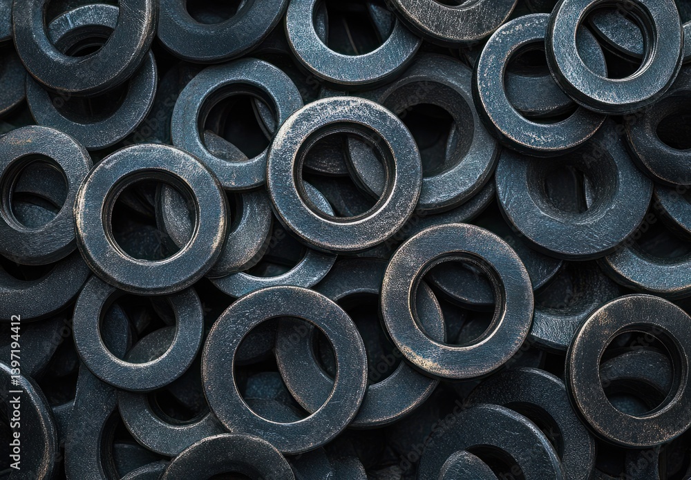 Poster dark metal washers in various sizes piled together showing texture and surface imperfections with sh