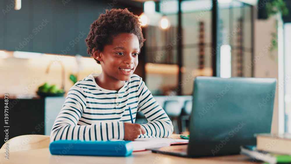 Poster homework, happy and child in home on laptop for online learning, education and virtual lesson on sch