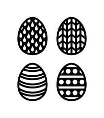 Easter geometric eggs set. Paper or laser cutting templates. Vector black illustrations. Decorative holiday symbols. Isolated on white background. Carved pattern. For laser, plotter cutting, print.
