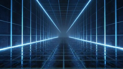 The tunnel walls are illuminated with pulsating neon lights in shades of neon blue