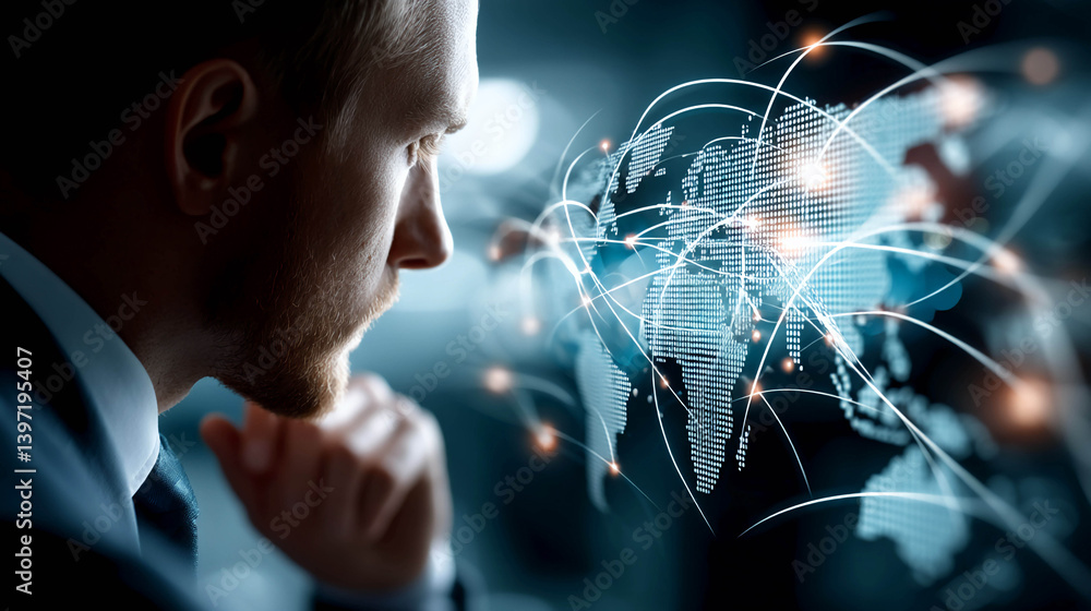 Poster a man in a business suit, thoughtfully looking at a world map, which consists of luminous dots and l