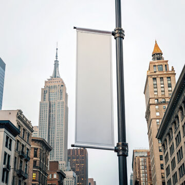 Blank Street Banner Mockup on City Pole with Urban Skyscrapers for Marketing Campaigns, Advertising Design, Public Awareness, and Creative Projects