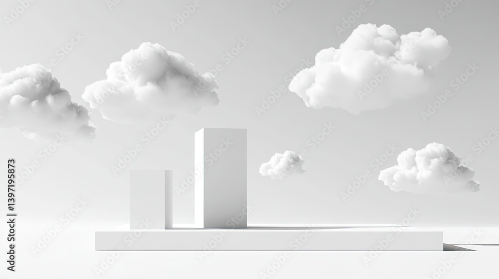 Poster minimalist white background art with geometric shapes and clouds creative design concept studio view