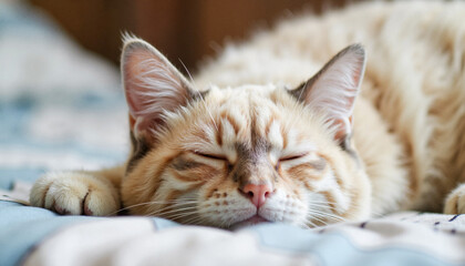 Obraz premium Calm resting cat sleeping peacefully on soft bedding, serene comfort