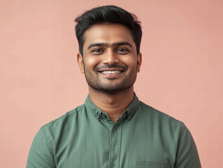 Smiling Man Portrait: A young man with dark hair and a beard, dressed in a green shirt, looks directly at the camera with a warm, genuine smile, radiating positivity and confidence.