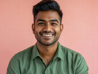 Obraz premium Radiant Smile: A portrait of a smiling individual exuding warmth and confidence against a soft, inviting background, a testament to genuine happiness and positivity.