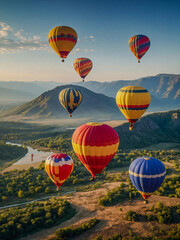 Cluster of colorful hot air balloons floating above scenic terrain.