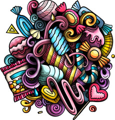 Candies cartoon doodles illustration. Sweet food design. Confection elements and objects background. Bright colors funny picture.