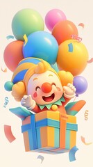 Obraz premium A cheerful clown emerging from a gift box surrounded by colorful balloons and confetti