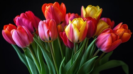 Naklejka premium Vibrant bouquet of multicolored tulips against a dark background, showcasing nature's beauty.