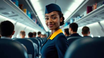 young african american flight attendant in blue and yellow uniform on board passenger plane
