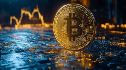 Coin atop circuit board with orange data chart background, tech future vibe