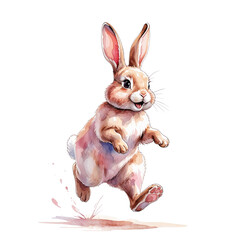 Watercolor Cartoon Bunny Running with Happy Expression