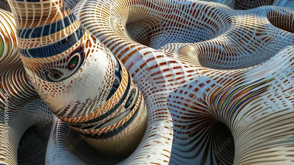 Poster abstract 3d render of swirling, textured organic forms with cylindrical element
