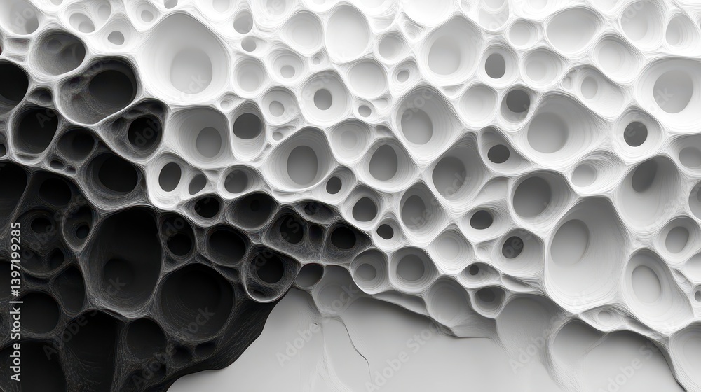 Poster abstract cellular structure with complex, grayscale cavities and porous texture