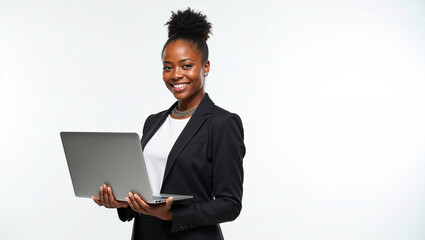 Confident Happy African American business woman using laptop standing isolated on white background. Smiling professional businesswoman executive in suit holding computer looking at camera.