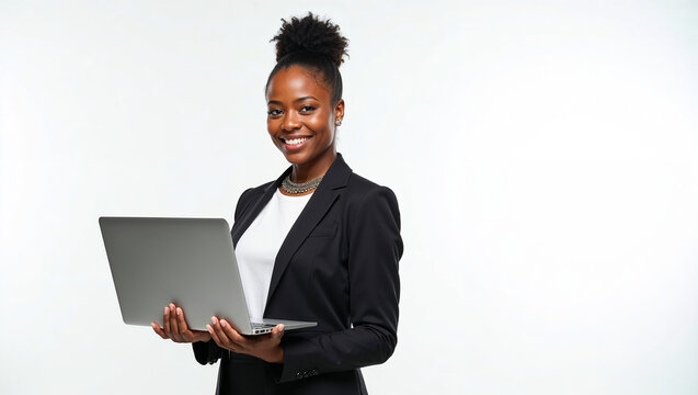 Confident Happy African American business woman using laptop standing isolated on white background. Smiling professional businesswoman executive in suit holding computer looking at camera.