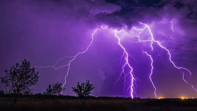 Dramatic lightning storm illuminates a dark, rural landscape at night with intense purple skies and flashes