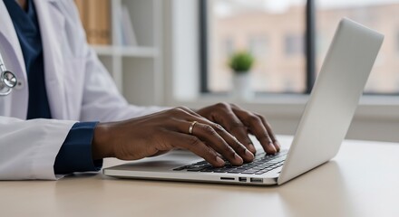 Doctor using laptop warm office light. AI Generated