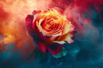 A vibrant rose blooms amidst swirling colors, capturing the essence of beauty and elegance.