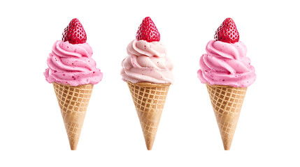 Pack of Strawberry Ice Cream Cone Set Against Transparent Background for Food or Dessert Projects