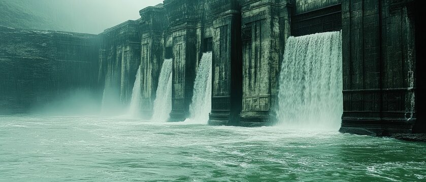 Majestic dam structure with cascading waterfalls