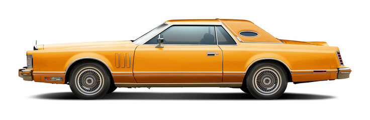 Classic American luxury car in yellow. With a coupe body and a soft top in yellow. In png format on...