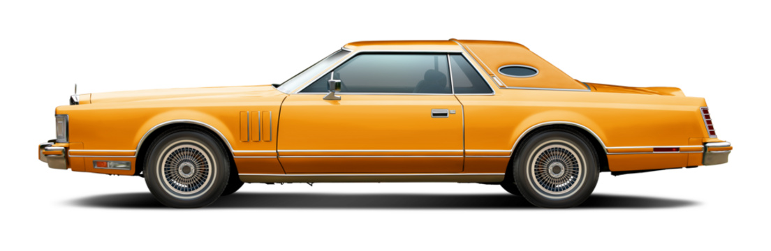 Classic American luxury car in yellow. With a coupe body and a soft top in yellow. In png format on a transparent background.