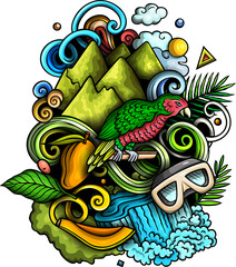 Fototapeta premium Funny doodle illustration with Dominica theme. Vibrant and eye-catching design, capturing the essence of North America culture and traditions through playful cartoon symbols