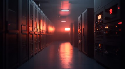 Dark data center with red lights, a row of server cabinets on the right side, cinematic lighting, dark background, hazy light. Quantum computing concept, 