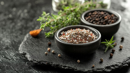 Flavorful spices arranged on a dark slate surface