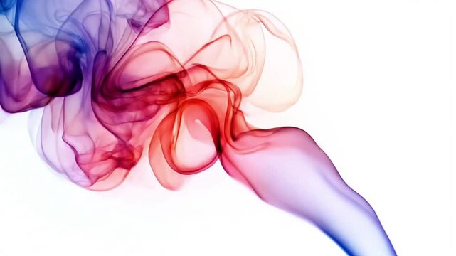Multicolored smoke streams on a white background. The smoke curls into bizarre shapes and is colored blue, purple, red and orange, smoothly flowing into each other
