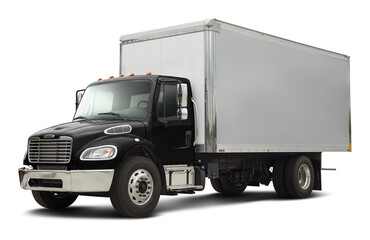 Modern american delivery truck with chrome elements with white van and black cabin. Front side view isolated on white background.