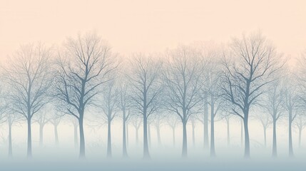 A misty winter forest scene in muted pastel tones.