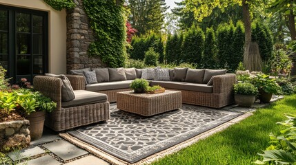 Obraz premium Cozy outdoor patio with wicker furniture set amidst lush greenery on a sunny day.