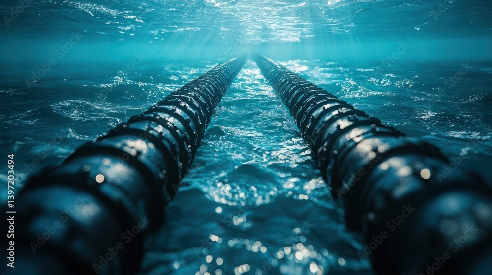 Poster underwater view of dual black pipes extending into deep blue ocean with light rays illuminating the 