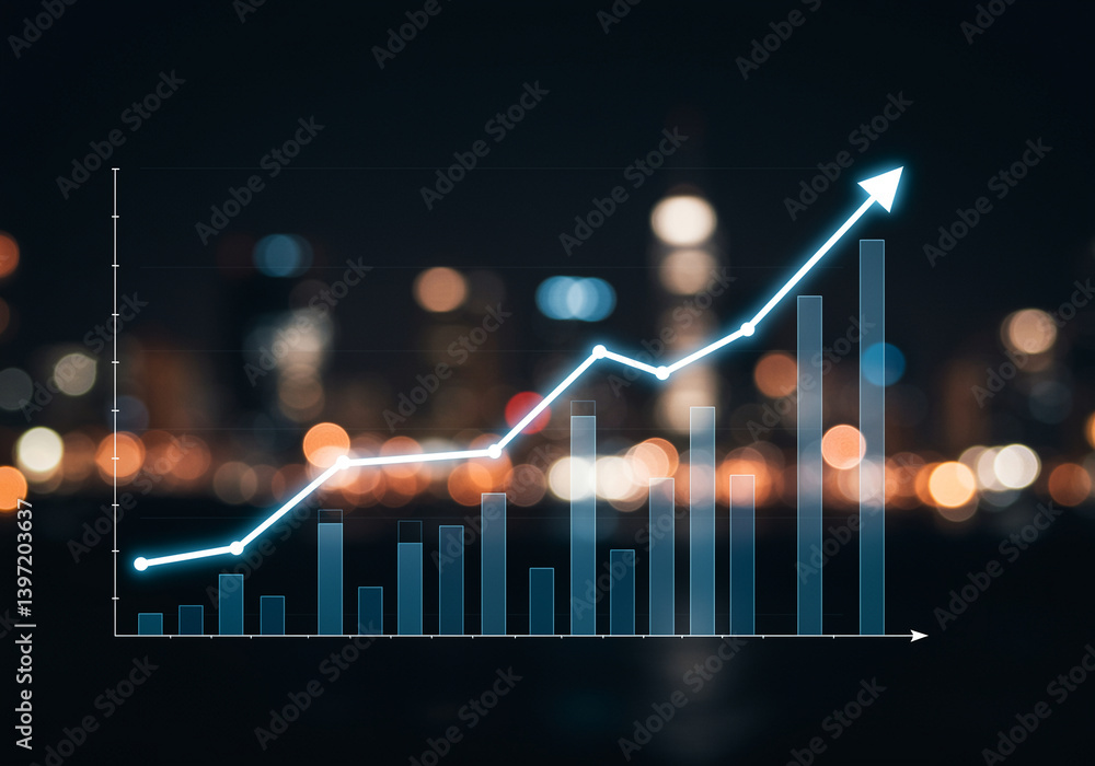 Poster graph showing financial growth with an upward trend on a bar graph against a bokeh background. busin