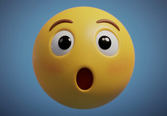Surprised yellow emoji face with open mouth and big eyes expressing shock and amazement in 3D rendering