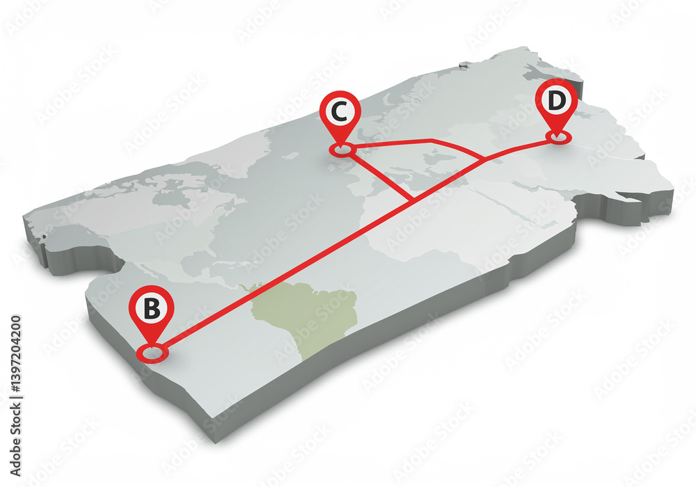 Poster map with travel route and transport route shows location b c and d on the world map. red line connec