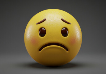 Sad emoji with downturned mouth and eyebrows expressing sadness and sorrow on gray background. Yellow sad emoji with a melancholic expression