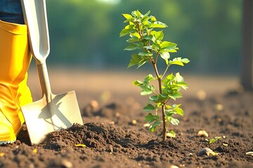 A close-up of a shovel and a young tree that has just been planted. 