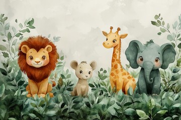 Naklejka premium The watercolor artwork showcases charming baby safari animals, such as affectionate lions, curious elephants, and lively zebras