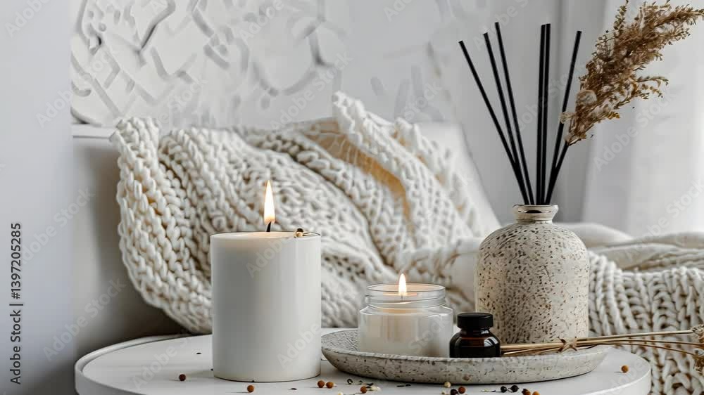 Poster soft candlelight and minimalistic decor create a calming atmosphere with natural textures and warm t