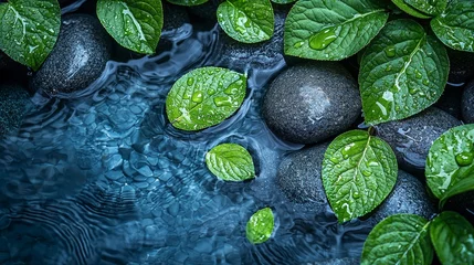 Poster A dark background serves as the backdrop for a luxurious spa setting, complete with a top view of spa stones and leaves, embodying the essence of spa therapy