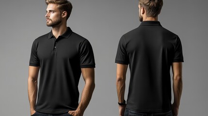 Man wears a black polo shirt with buttons, casual look. Front and back view