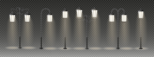 3d vector Modern and vintage city street lights row working at night. Urban electrical lightning system. Glowing retro lampposts